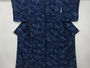 縮緬地　本藍　鳳凰に草花模様　小紋着物